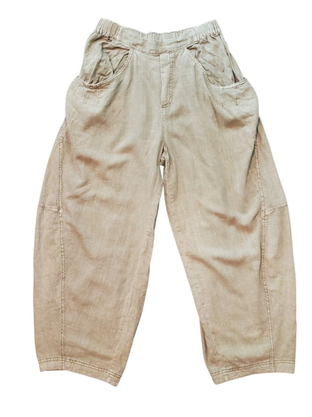 Free People Women's Road Linen Blend Tan Barrel Leg Pull On Pants - Medium